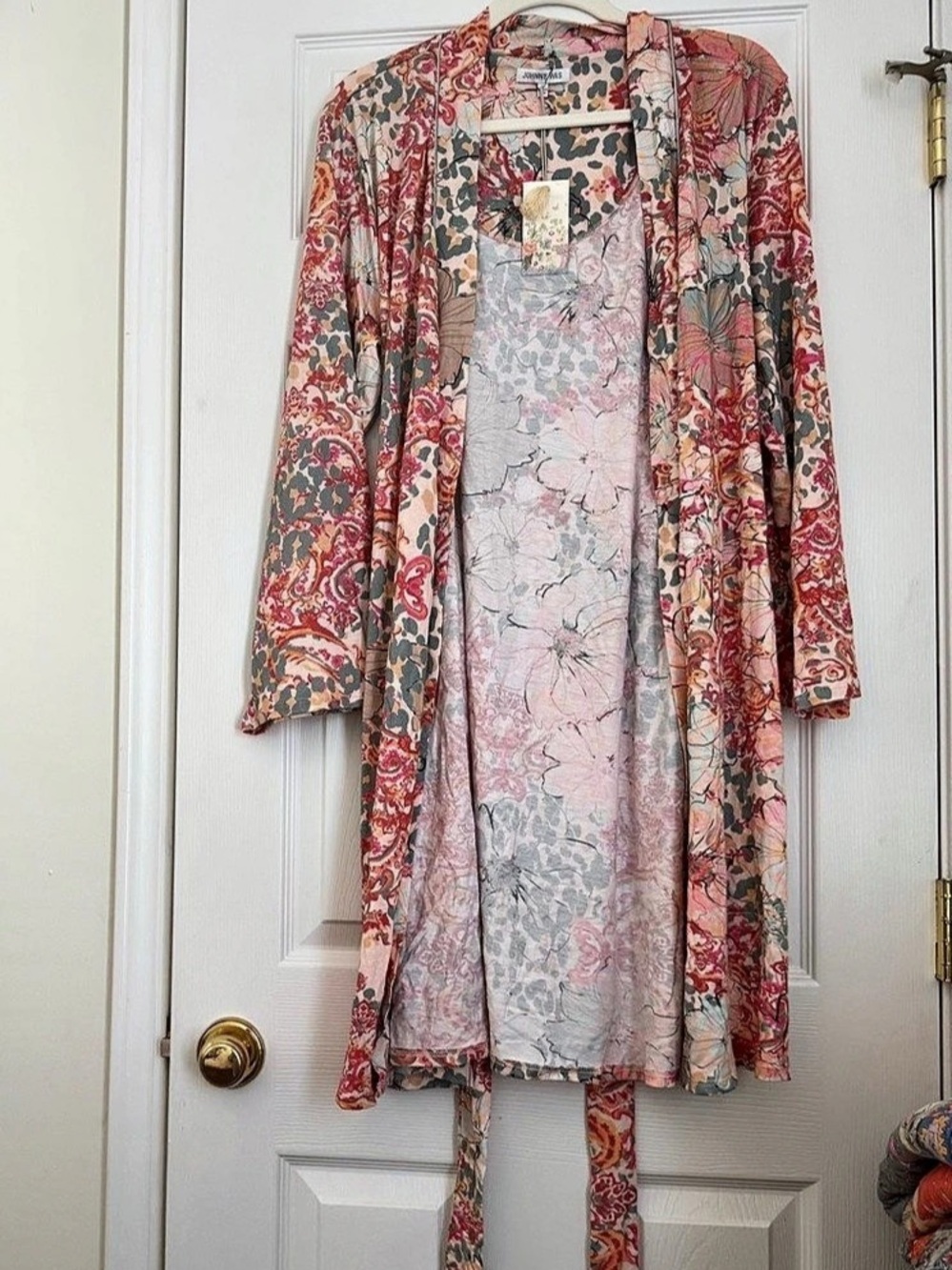 Johnny Was Sophea Sleepwear Robe Floral Midi Pink & Red Large